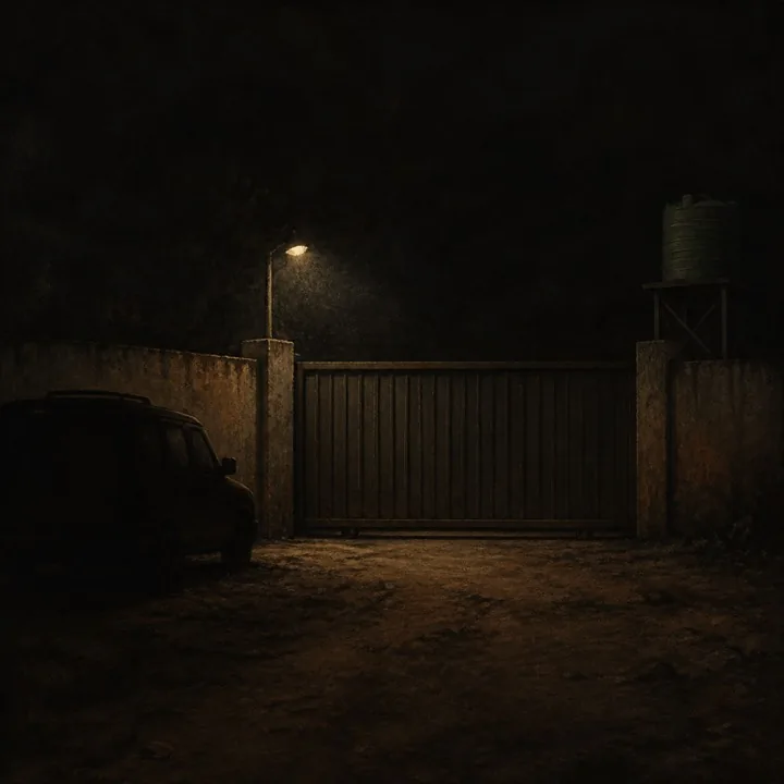 A closed entrance gate lit by a single lamp at night.