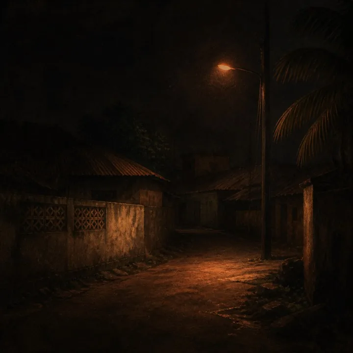 A quiet access road between perimeter walls under a streetlight at night.