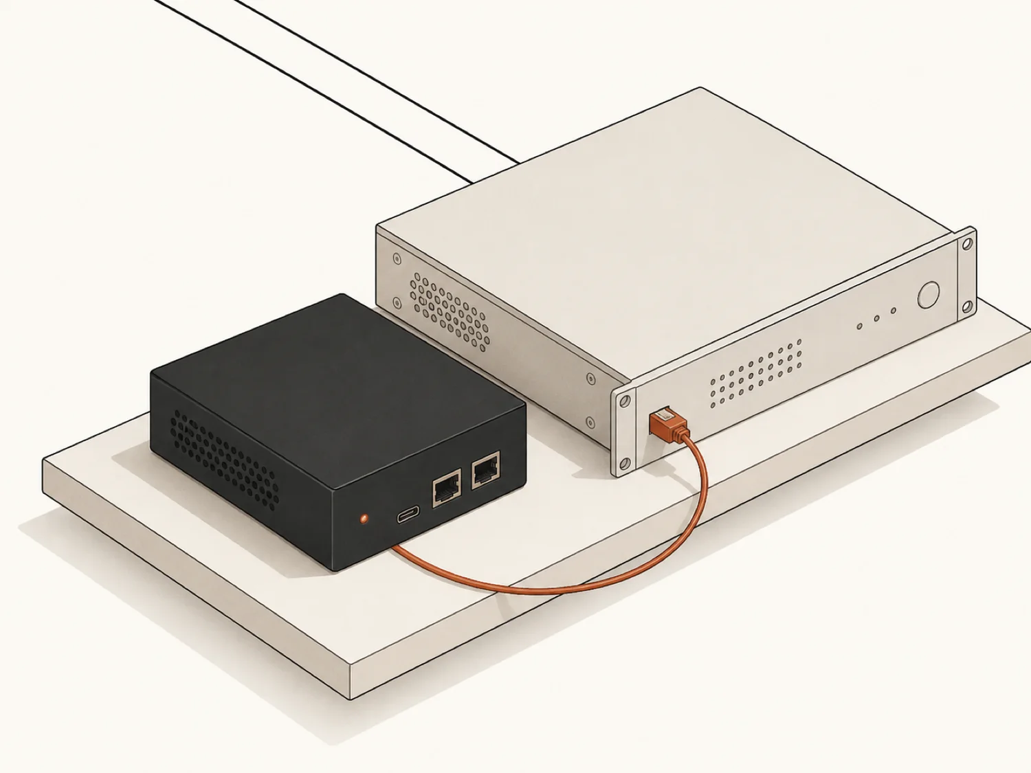 Illustration: a small dark appliance sits on a shelf next to a larger rack-mount video recorder. A single rust-colored cable runs between them; two thin lines lead off the top of the frame toward cameras.
